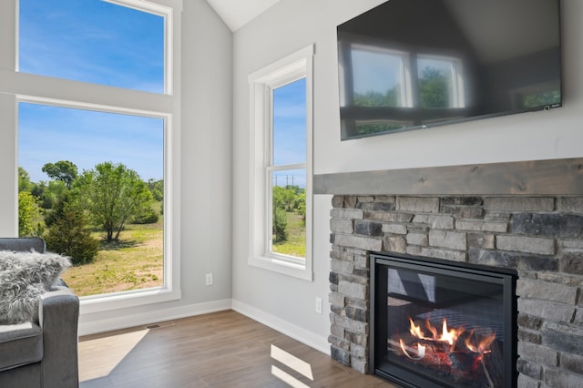 interior space featuring wood-type flooring and a fireplace