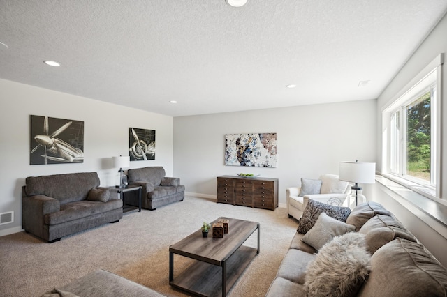 living room with carpet floors and a textured ceiling