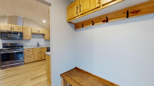 kitchen featuring lofted ceiling, light wood-style flooring, stainless steel appliances, a sink, and light countertops