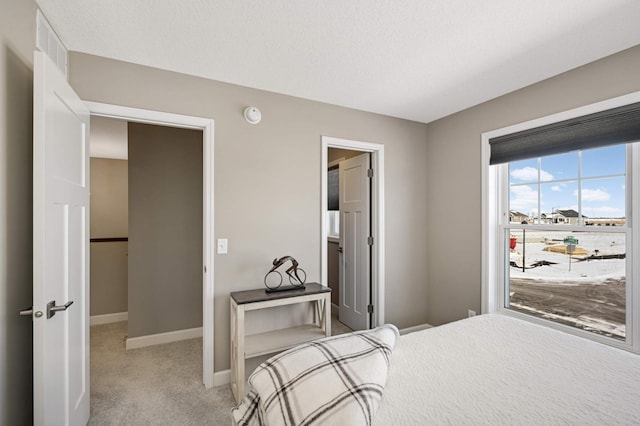 bedroom with a textured ceiling and light colored carpet