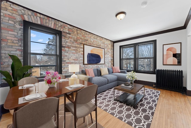 living room with radiator heating unit, wood finished floors, and a wealth of natural light