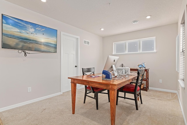 office area featuring a textured ceiling and light carpet