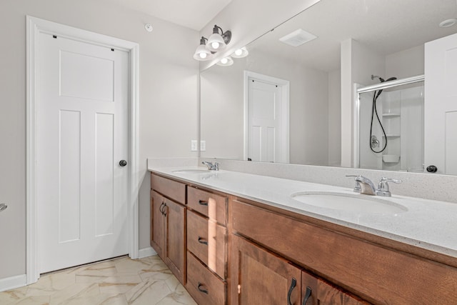 bathroom featuring toilet, an enclosed shower, and vanity