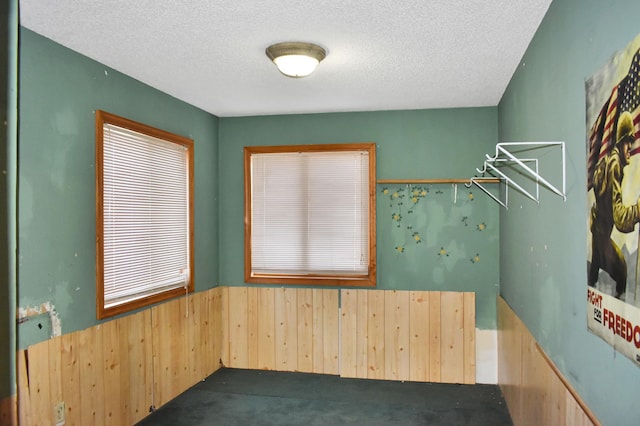 interior space featuring wainscoting, wood walls, and a textured ceiling