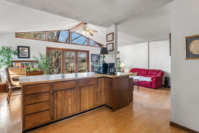 kitchen with a ceiling fan, light wood finished floors, vaulted ceiling, light countertops, and open floor plan