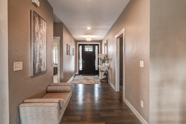 entryway featuring baseboards, wood finished floors, and a textured wall