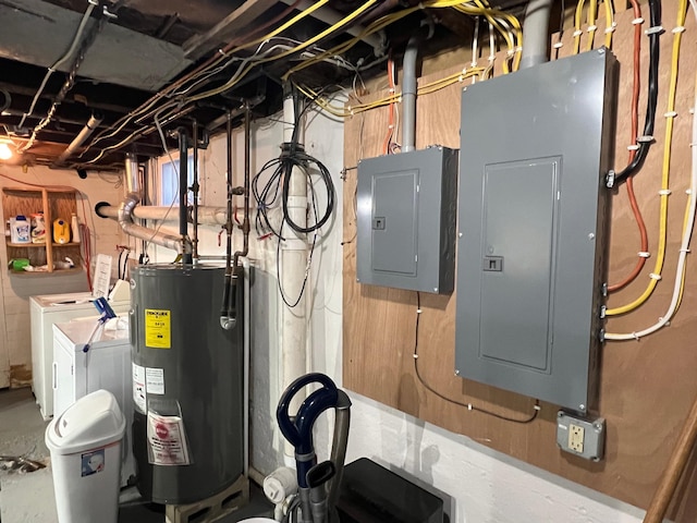 utility room with water heater, electric panel, and washer and clothes dryer