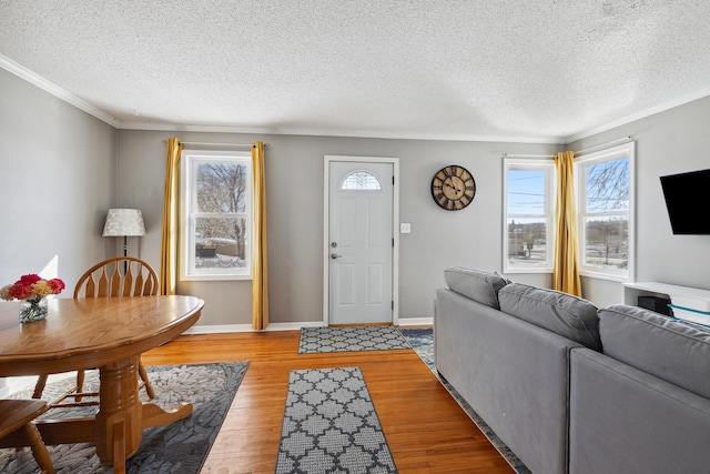 living room with crown molding, light wood-style flooring, baseboards, and a textured ceiling