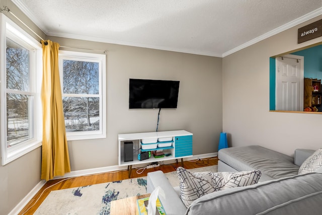 living area featuring baseboards, a textured ceiling, wood finished floors, and crown molding