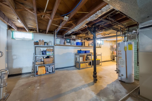 basement featuring gas water heater