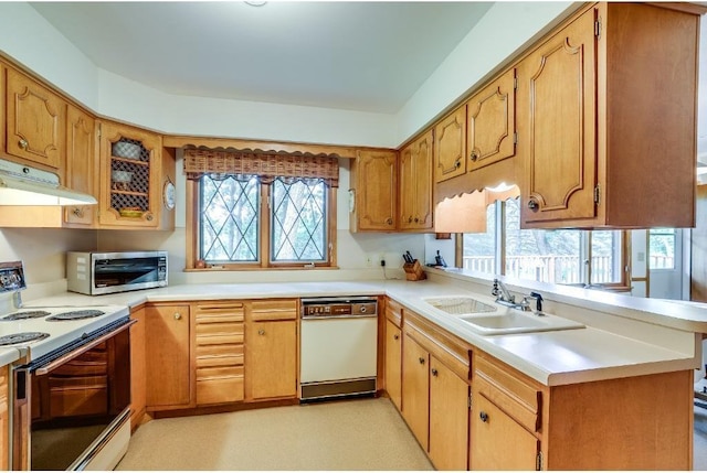 kitchen with under cabinet range hood, light countertops, a peninsula, white appliances, and a sink