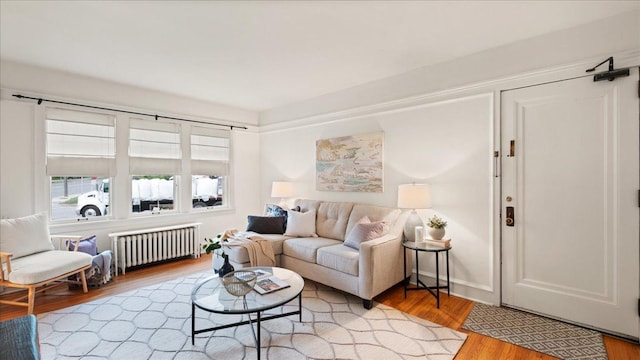 living room with radiator heating unit and hardwood / wood-style floors