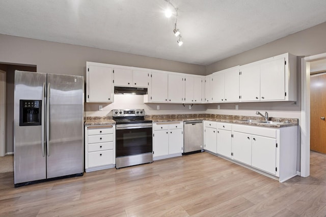 kitchen with light wood finished floors, white cabinets, appliances with stainless steel finishes, under cabinet range hood, and a sink