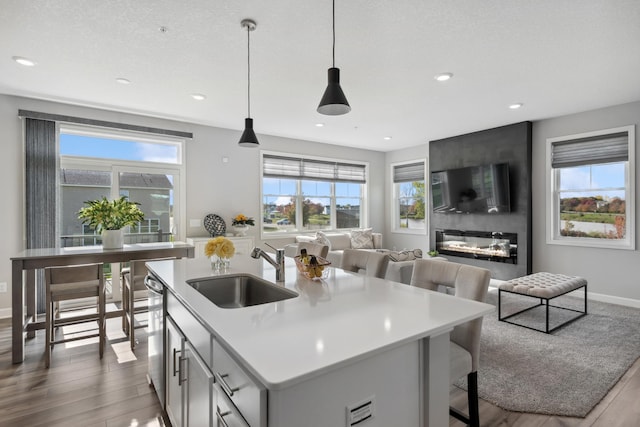 kitchen featuring an island with sink, decorative light fixtures, sink, a large fireplace, and dark hardwood / wood-style floors