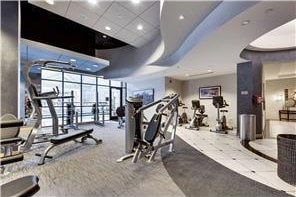 exercise room with carpet floors and a wall of windows