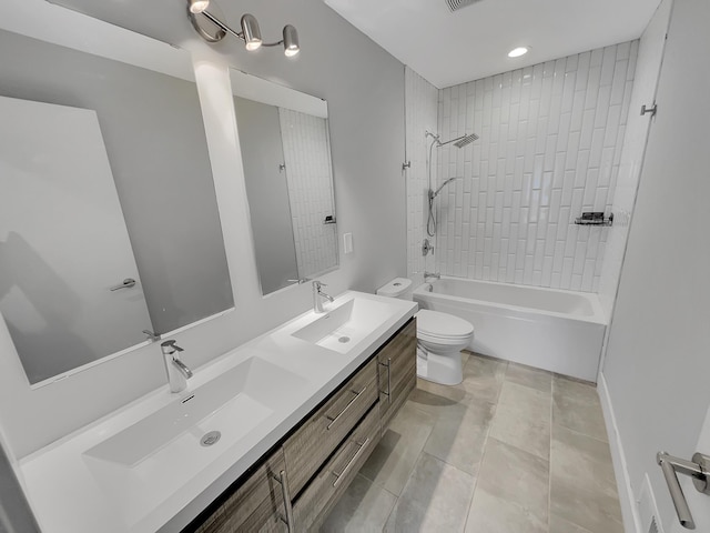 1447 Juliet Ave, Saint Paul, MN 55105 - bathroom featuring toilet, double vanity, shower / washtub combination, tile patterned floors, and recessed lighting