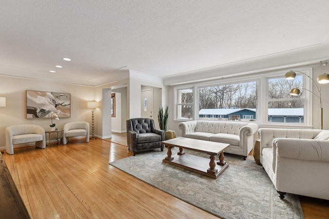 living room with a textured ceiling and hardwood / wood-style flooring