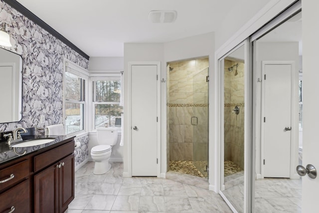 bathroom featuring vanity, a shower with door, and toilet