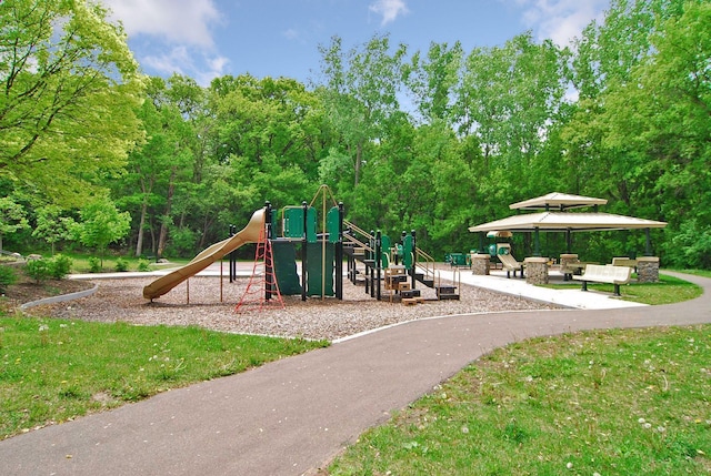 view of play area with a lawn and a gazebo