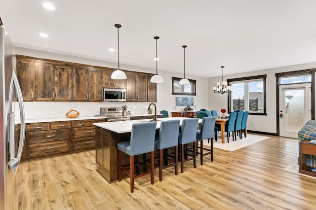 kitchen with an island with sink, appliances with stainless steel finishes, light wood-type flooring, and decorative light fixtures