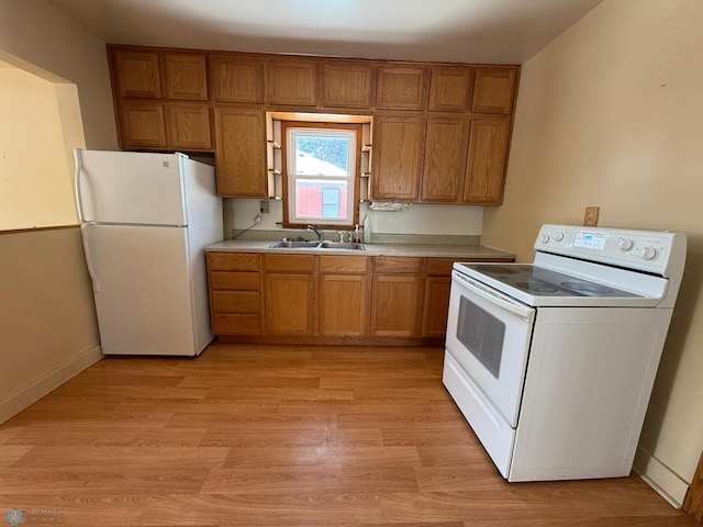 kitchen with sink, white appliances, and light hardwood / wood-style flooring