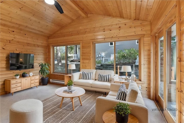 sunroom featuring ceiling fan, baseboard heating, wood ceiling, and lofted ceiling with beams