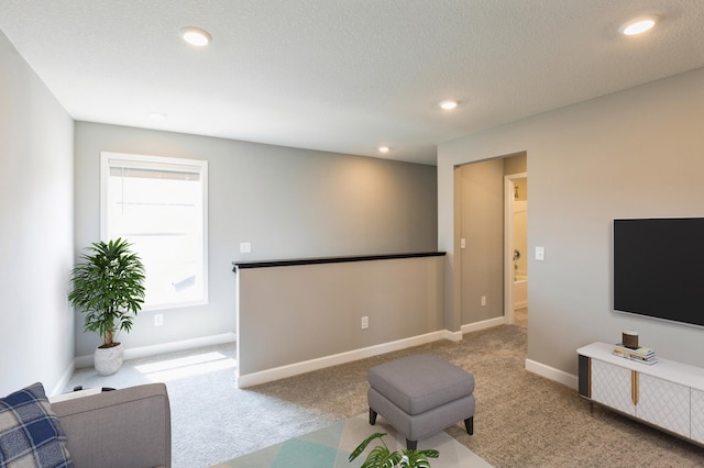 carpeted living room with a textured ceiling