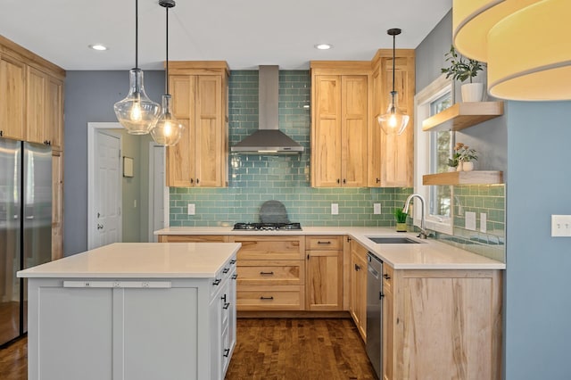 kitchen featuring a sink, light brown cabinets, wall chimney range hood, appliances with stainless steel finishes, and open shelves