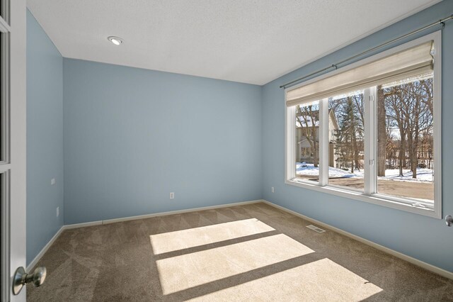 unfurnished room with visible vents, baseboards, and carpet