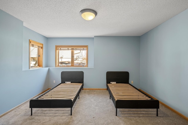 living area featuring a textured ceiling, baseboards, and carpet floors