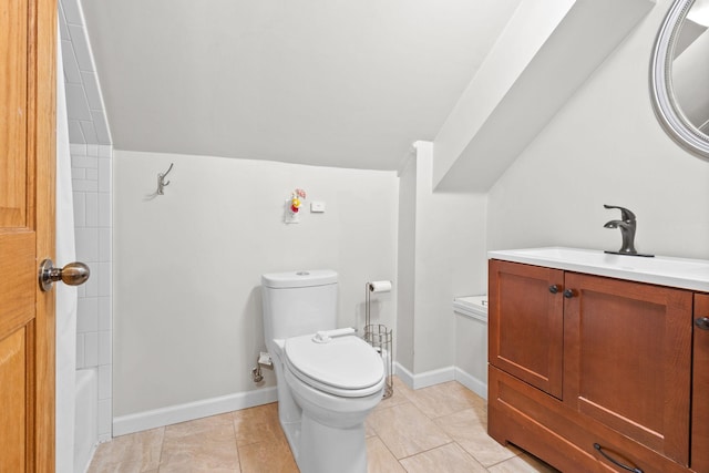 full bathroom featuring lofted ceiling, tile patterned flooring, toilet,  shower combination, and vanity