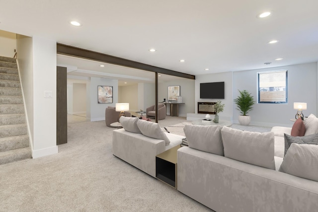 living area featuring light carpet, recessed lighting, stairs, and baseboards