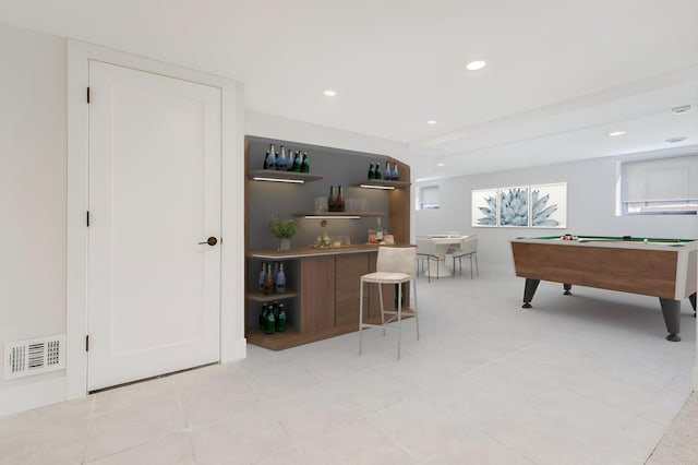 rec room featuring a bar, pool table, recessed lighting, and visible vents