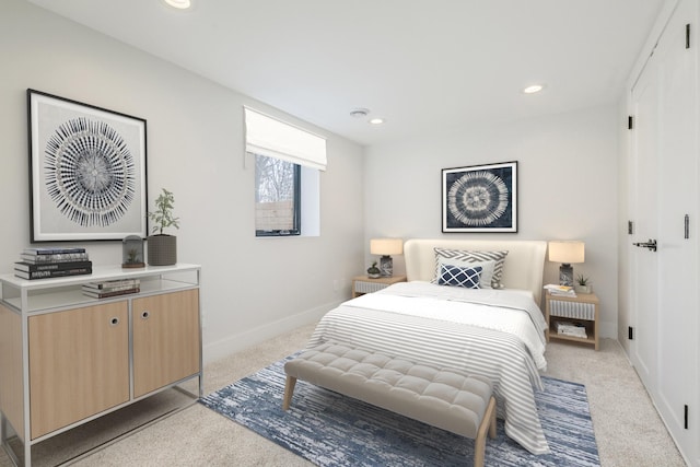 bedroom with recessed lighting, baseboards, and light colored carpet