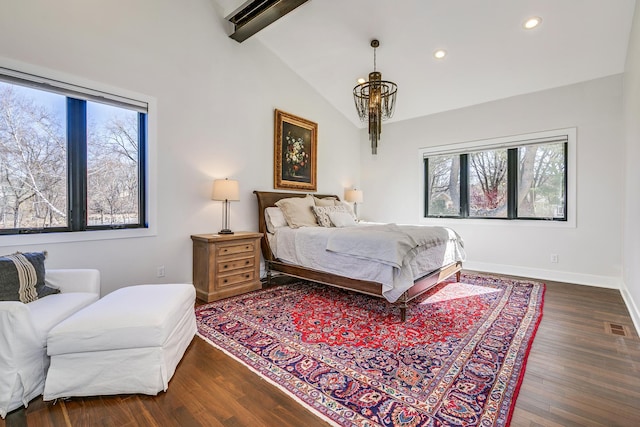 bedroom featuring visible vents, baseboards, dark wood finished floors, lofted ceiling with beams, and recessed lighting