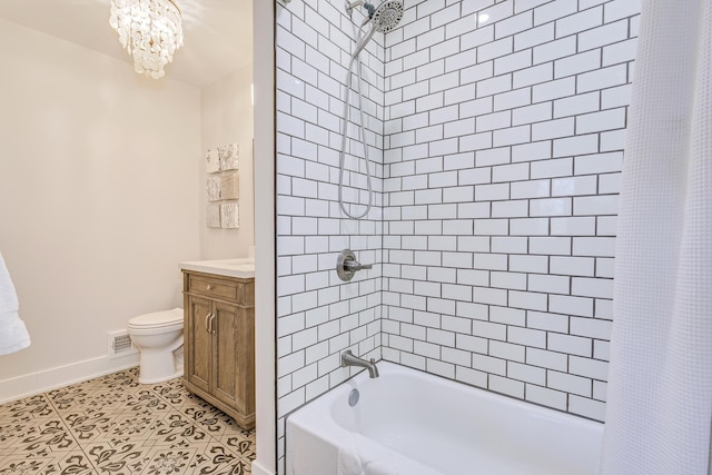 bathroom with visible vents, toilet, tile patterned floors, shower / bath combination with curtain, and vanity