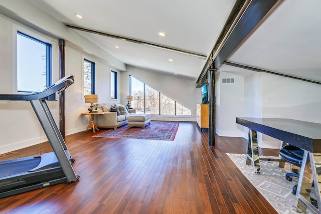 exercise area featuring recessed lighting, visible vents, wood-type flooring, and baseboards