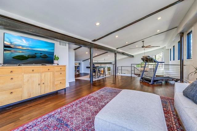 living area featuring recessed lighting, visible vents, wood finished floors, and ceiling fan