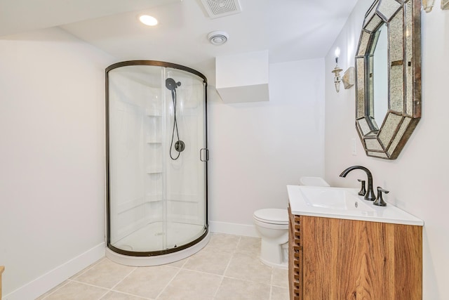 bathroom with tile patterned floors, visible vents, and a shower stall