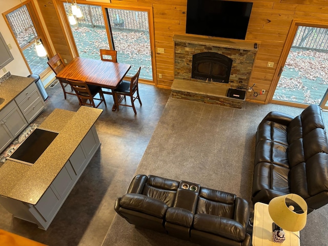 living room featuring a fireplace, wood walls, and a healthy amount of sunlight