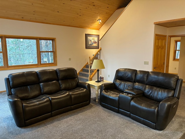 carpeted living room featuring lofted ceiling, wooden ceiling, and a wealth of natural light