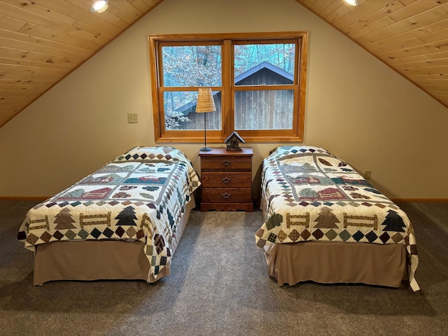 bedroom with carpet, vaulted ceiling, and wood ceiling