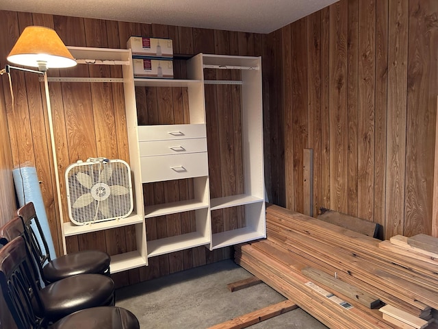 mudroom with wood walls