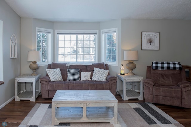 living room featuring dark wood finished floors and baseboards