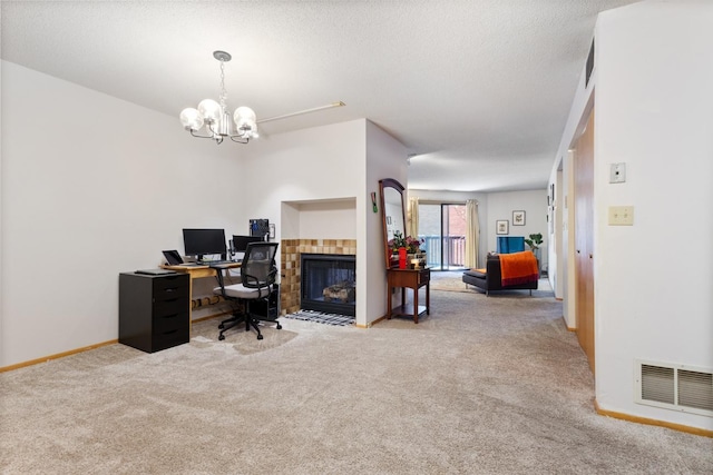 home office with carpet, a chandelier, and baseboards