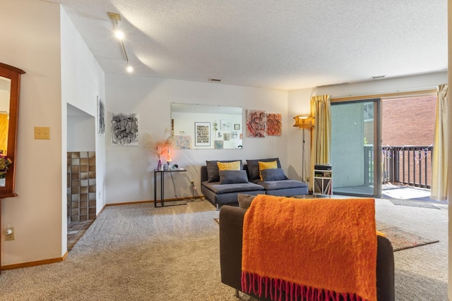 carpeted living area with a textured ceiling, baseboards, and track lighting