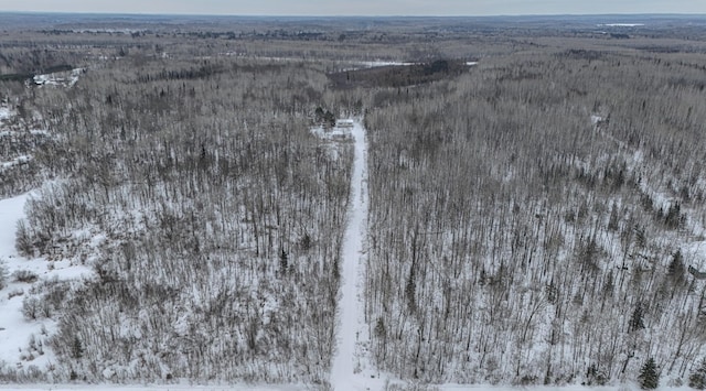 snowy aerial view featuring a wooded view