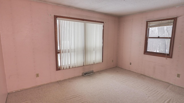 empty room with a textured ceiling, carpet flooring, and visible vents