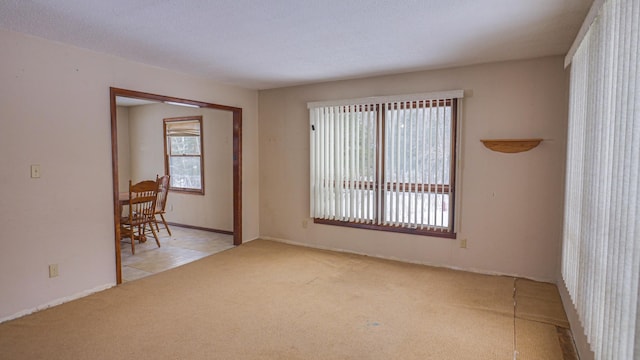 unfurnished room with a textured ceiling and light colored carpet