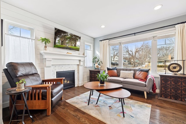 living room featuring a healthy amount of sunlight, a fireplace, and wood finished floors